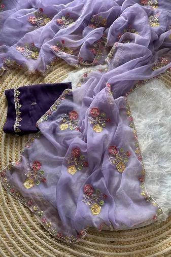 Lavender Color  Embroidery Sequence  Cutdana work Silk Saree