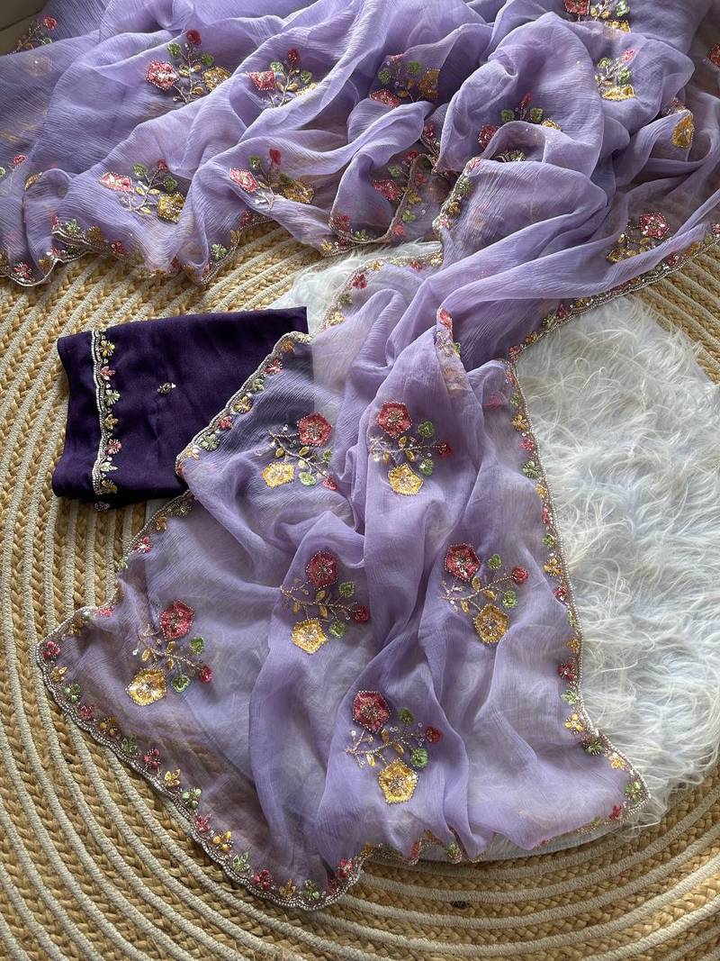 Lavender Color  Embroidery Sequence  Cutdana work Silk Saree