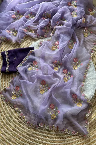 lavender silk saree with cutdana embroidery work