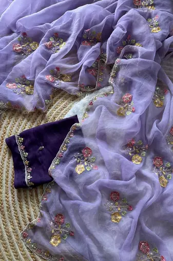 lavender silk saree with cutdana embroidery work