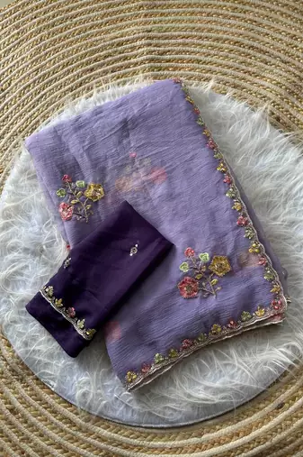 lavender silk saree with cutdana embroidery work