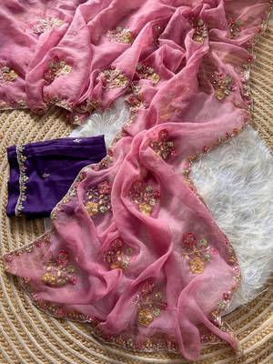 pink silk saree with embroidered cutdana border 2