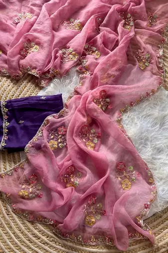 pink silk saree with embroidered cutdana border