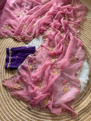 pink silk saree with embroidered cutdana border 3