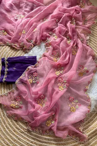 pink silk saree with embroidered cutdana border