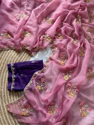 pink silk saree with embroidered cutdana border 4