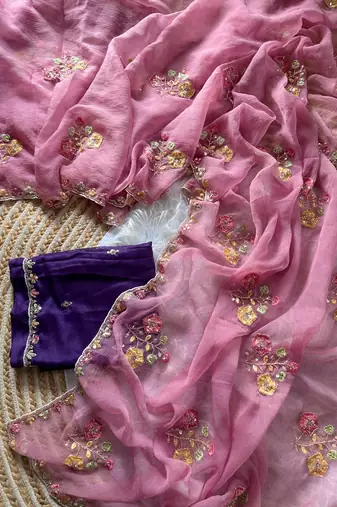 pink silk saree with embroidered cutdana border