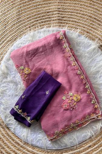 Pink Color Embroidery Sequence Cutdana work silk blend Saree