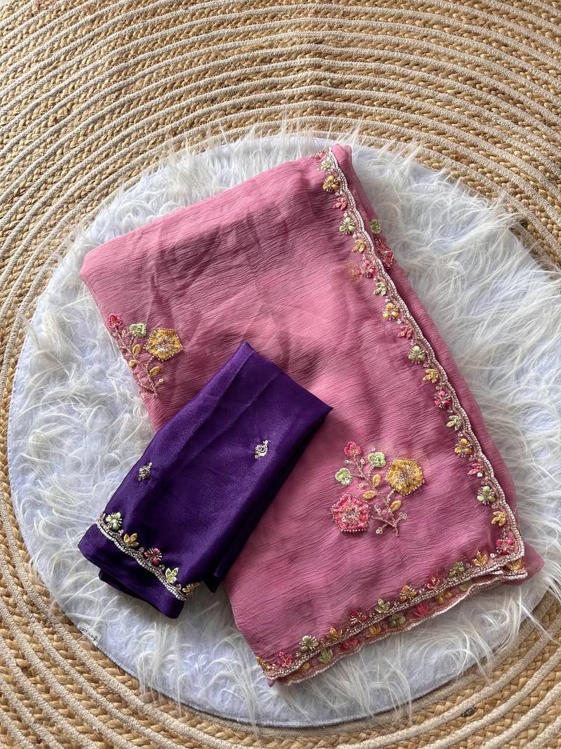 Pink Color Embroidery Sequence Cutdana work silk blend Saree