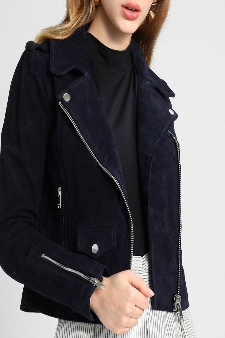 Womens genuine lambskin blue leather motorcycle slim fit ladies biker jacket-c270
