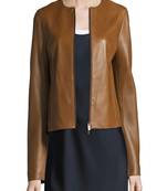 women's brown lambskin leather biker jacket classic moto zip style timeless
