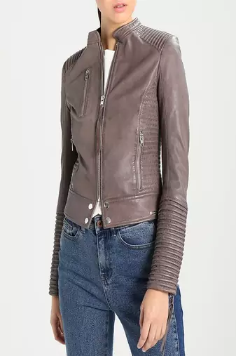 women's grey lambskin leather biker jacket classic moto zip style premium