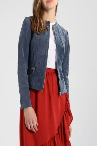 women's blue suede leather biker jacket classic moto zip style
