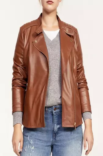 women's brown napa leather biker jacket classic moto zip style sophisticated