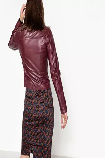 women's maroon napa leather biker jacket classic moto zip style