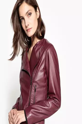 women's maroon napa leather biker jacket classic moto zip style