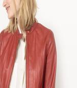 women's orange napa leather biker jacket classic moto zip style