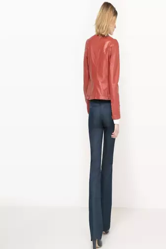 women's orange napa leather biker jacket classic moto zip style