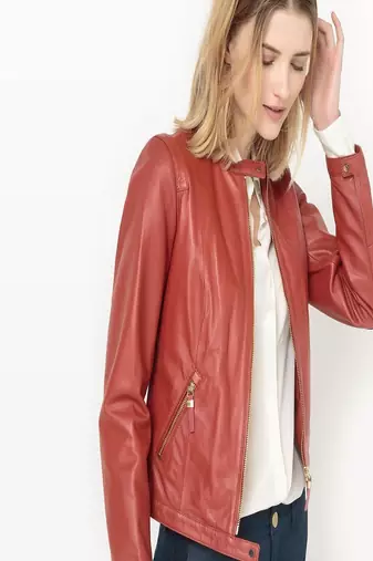 women's orange napa leather biker jacket classic moto zip style
