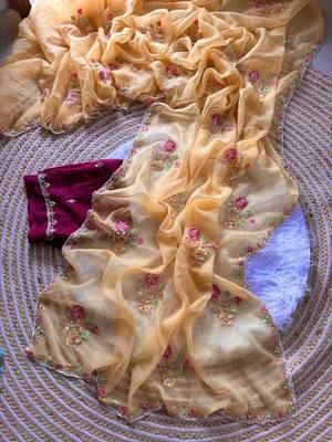 light peach silk saree with embroidered cutdana work 3