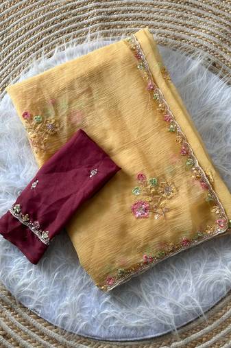 Light Peach Color Embroidery Sequence Cutdana work silk blend Saree