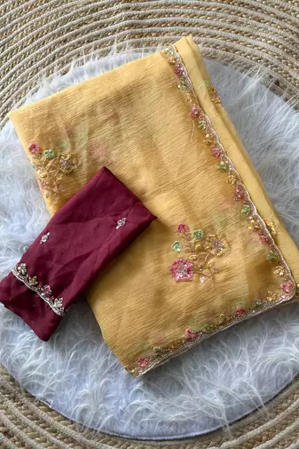 Light Peach Color Embroidery Sequence Cutdana work silk blend Saree
