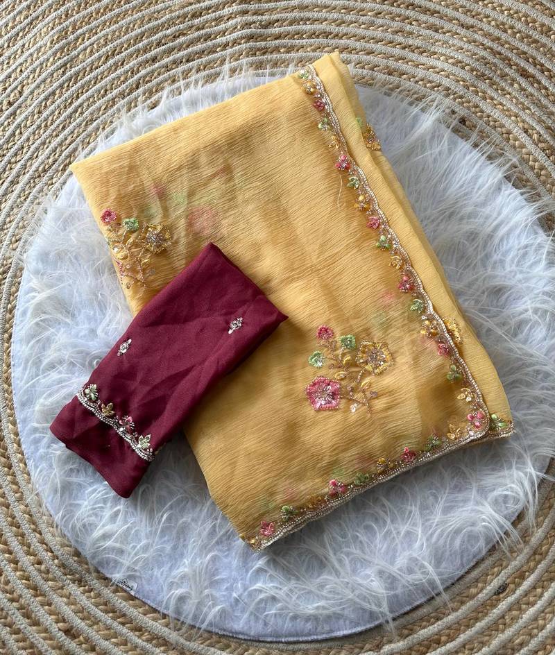 Light Peach Color Embroidery Sequence Cutdana work silk blend Saree