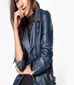 women's blue napa leather biker jacket classic moto zip style