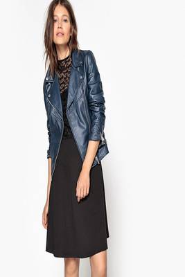 women's blue napa leather biker jacket classic moto zip style 2