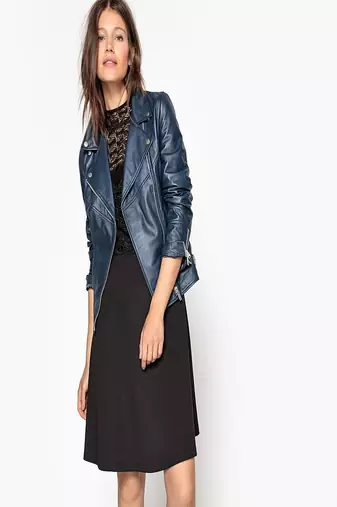 women's blue napa leather biker jacket classic moto zip style