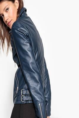 women's blue napa leather biker jacket classic moto zip style 3