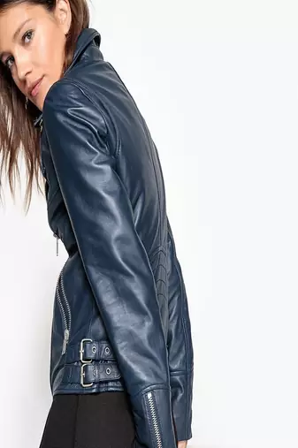 women's blue napa leather biker jacket classic moto zip style