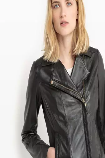 women's black napa leather biker jacket classic moto zip style modern stylish