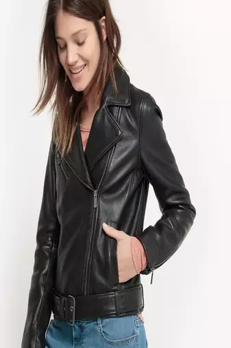 Women’s genuine lambskin black leather biker jacket slim fit designer motorcycle-c304