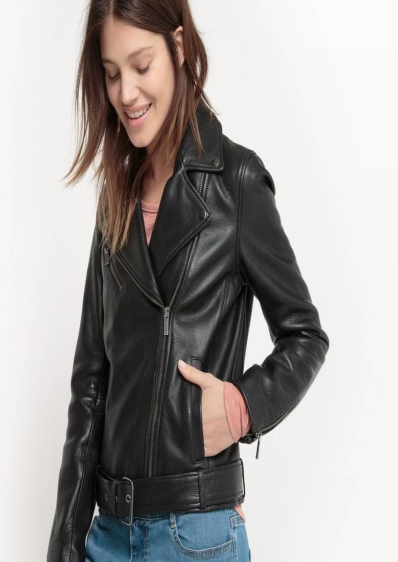 Women’s genuine lambskin black leather biker jacket slim fit designer motorcycle-c304