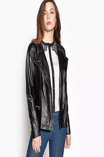 Women’s genuine lambskin black leather biker jacket slim fit designer motorcycle-c306