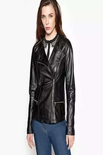 women's black lambskin leather biker jacket classic moto zip style exclusive sophisticated
