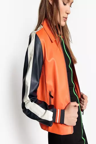 Women’s genuine lambskin orange leather biker jacket slim fit designer motorcycle-c307