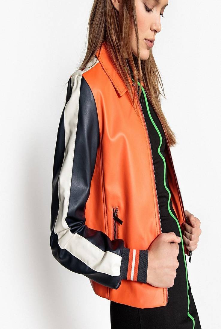 Women’s genuine lambskin orange leather biker jacket slim fit designer motorcycle-c307