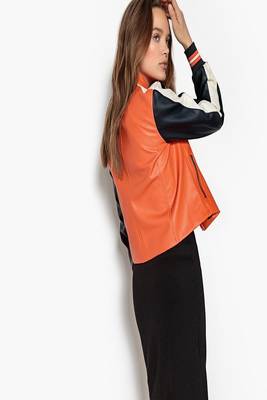women's orange lambskin leather biker jacket classic moto zip style premium 2