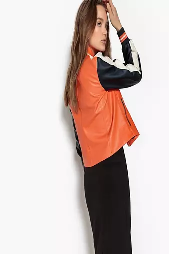women's orange lambskin leather biker jacket classic moto zip style premium