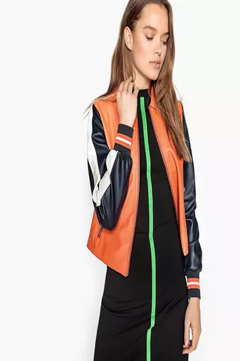 women's orange lambskin leather biker jacket classic moto zip style premium
