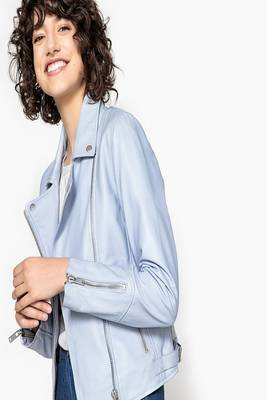 women's blue lambskin leather biker jacket classic moto zip style modern 2