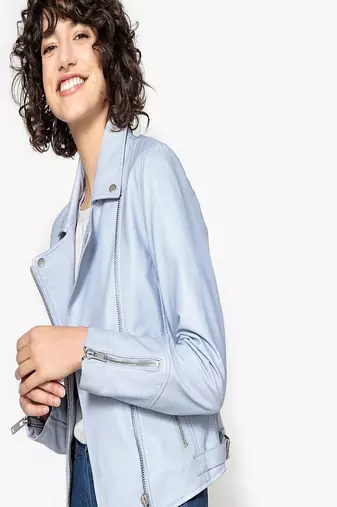 women's blue lambskin leather biker jacket classic moto zip style modern