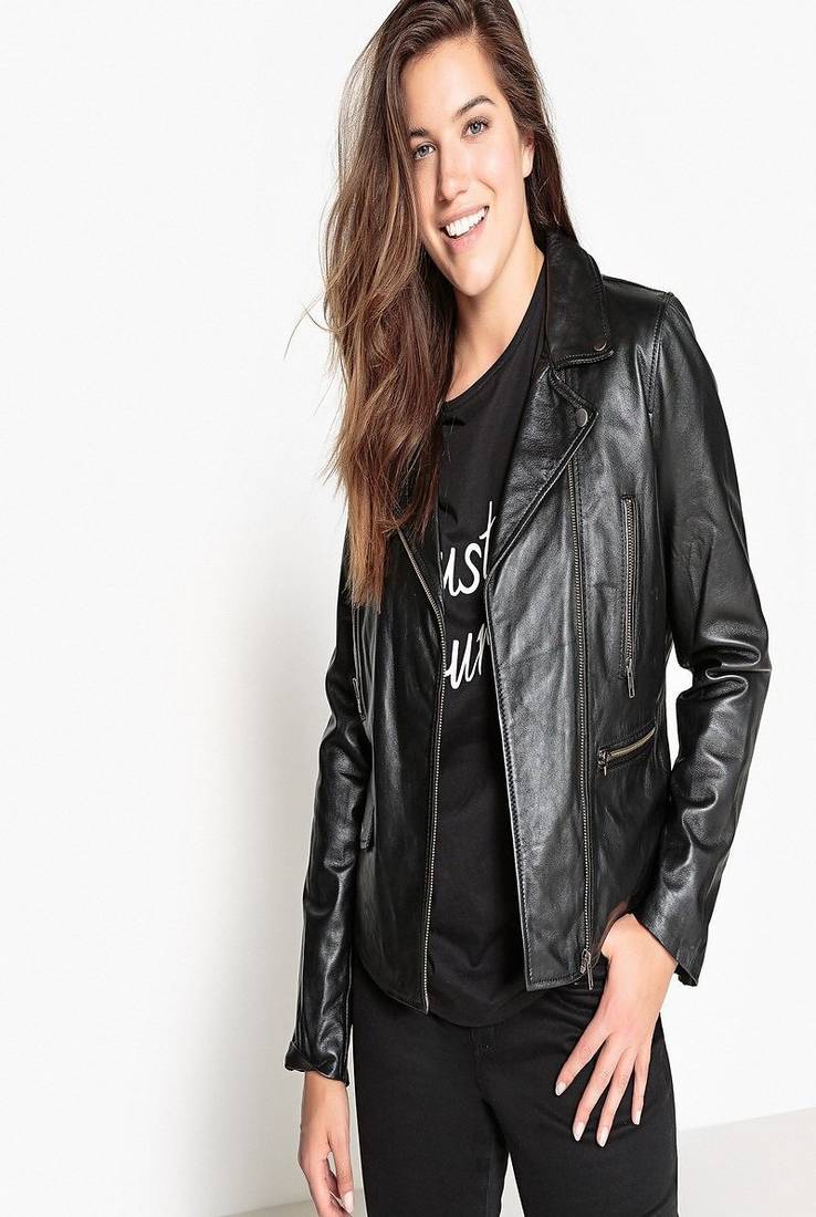 Women’s genuine lambskin black leather biker jacket slim fit designer motorcycle-c310