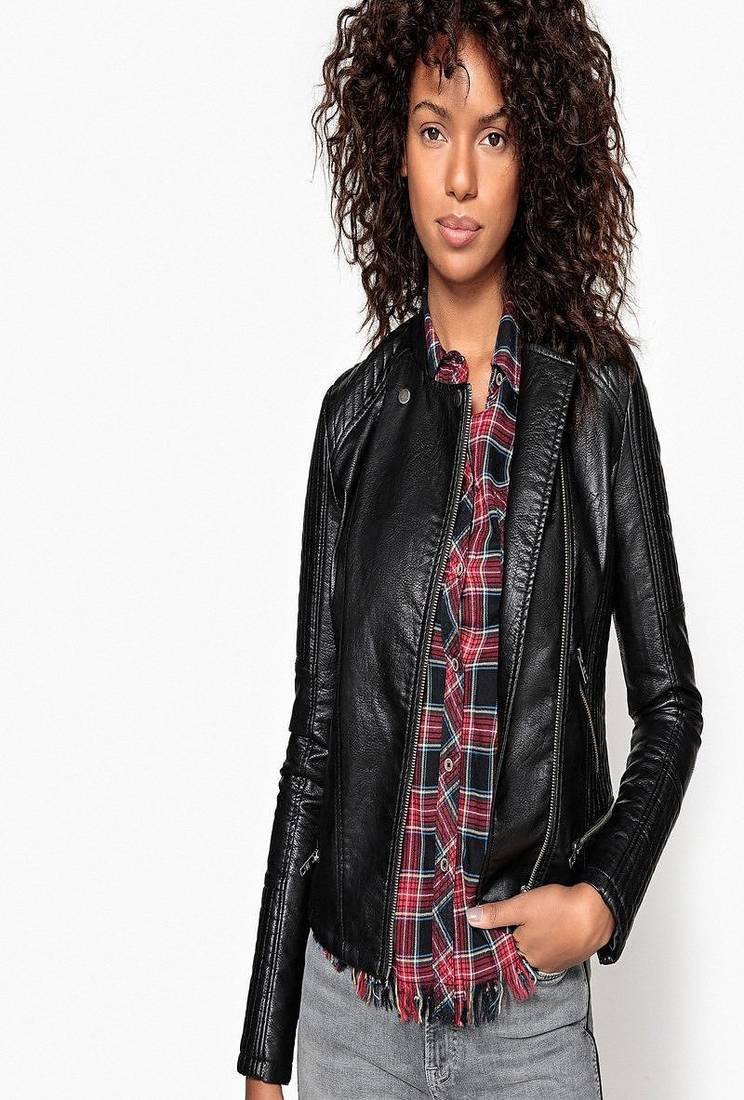 Women’s genuine lambskin black leather biker jacket slim fit designer motorcycle-c311