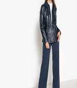 women's blue lambskin leather biker jacket classic moto zip style authentic