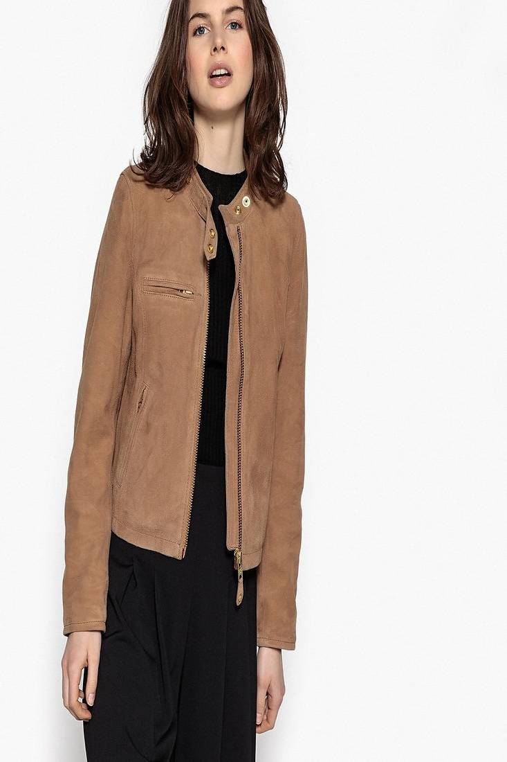 Women’s genuine lambskin brown leather biker jacket slim fit designer motorcycle-c316