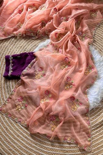 Peach Color Embroidery Sequence Cutdana work silk blend Saree