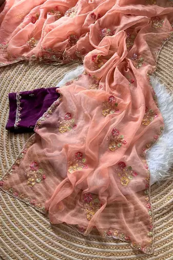 Peach Color Embroidery Sequence Cutdana work silk blend Saree
